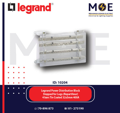 Legrand Power Distribution Block Stepped for Lugs (Repartiteur) 4 Bars Tin Coated 32x5mm 400A | 037308 | علبة توزيع فاز