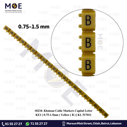 Klemsan Cable Markers Capital Letter KE1 ( 0.75-1.5mm ) Yellow ( B ) | KL 517011 | حلقة ترقيم كابلات اصفر حرف