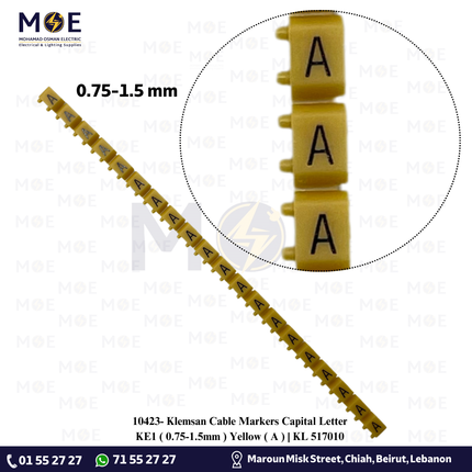 Klemsan Cable Markers Capital Letter KE1 ( 0.75-1.5mm ) Yellow ( A ) | KL 517010 | حلقة ترقيم كابلات اصفر حرف