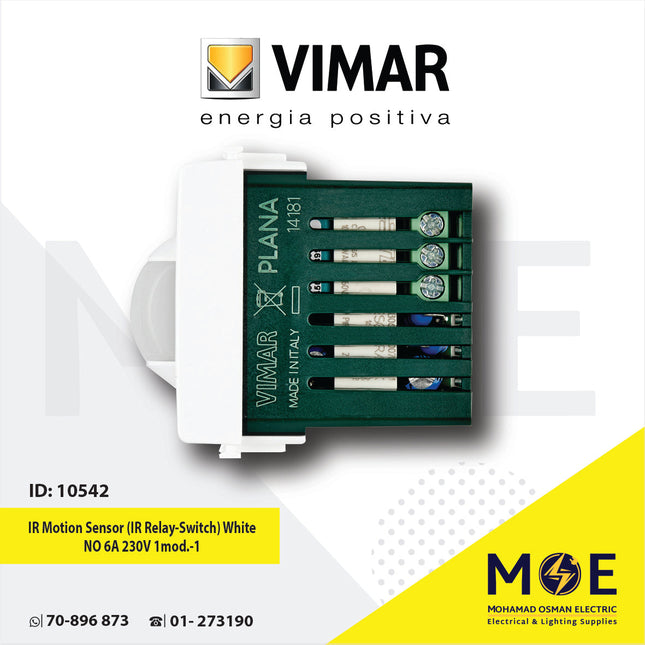 Vimar Plana IR Motion Sensor (IR Relay-Switch) White NO 6A 230V 1module | 14181 | حساس حركة ابيض