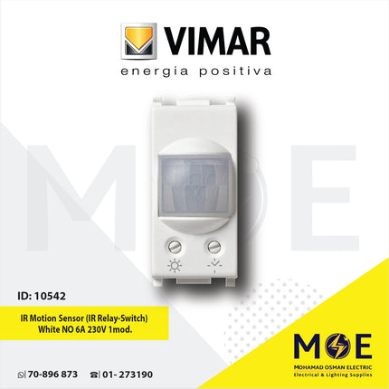 Vimar Plana IR Motion Sensor (IR Relay-Switch) White NO 6A 230V 1module | 14181 | حساس حركة ابيض