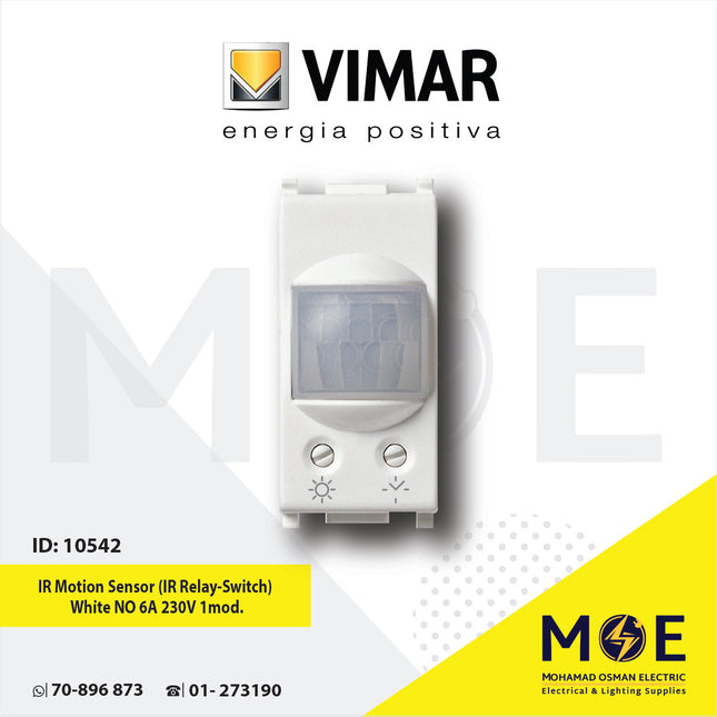 Vimar Plana IR Motion Sensor (IR Relay-Switch) White NO 6A 230V 1module | 14181 | حساس حركة ابيض