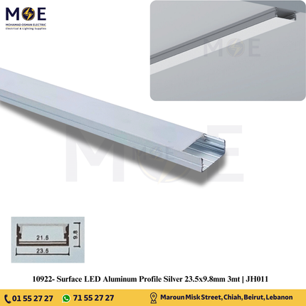 Surface LED Aluminum Profile Silver 23.5x9.8mm 3mt | JH011 | بروفايل ليد المنيوم ظاهر