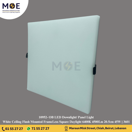 OB LED Downlight/ Panel Light White Ceiling Flush Mounted FrameLess Square Daylight 6400K 4500Lm 20.5cm 45W | 3601 | سبوت ليد مربع مخفي بدون كادر ابيض دايلايت