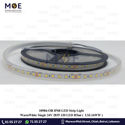 OB IP68 LED Strip Light Single WarmWhite 24V 2835 120Led R5mt | LSL16WW | بكرة ستريب ليد مطرية ورم وايت