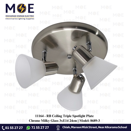 RB Ceiling Triple Spotlight Plate Chrome Milky Glass 3xE14 24cm | Model: 8689-3 | صينية كروم زجاج حليبي