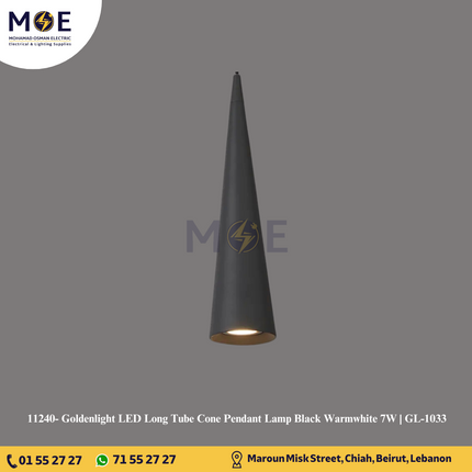 Goldenlight LED Long Tube Cone Pendant Lamp Black Warmwhite 7W | GL-1033 | تنزيلة ليد مفردة اسود شكل قمع ورم وايت