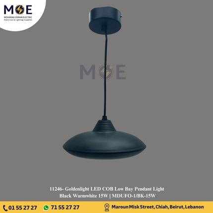 Goldenlight LED COB Low Bay Pendant Light Black Warmwhite 15W | MDUFO-1/BK-15W | تنزيلة ليد هاي باي اسود ورم وايت