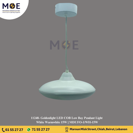 Goldenlight LED COB Low Bay Pendant Light White Warmwhite 15W | MDUFO-1/WH-15W | تنزيلة ليد هاي باي ابيض ورم وايت