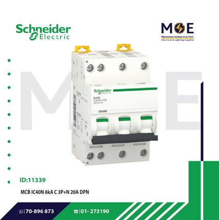 Schneider MCB IC40N 6kA C 3P+N 20A DPN | A9P54720 | دجنتور مجوز بقطبين وحيادي - قاطع كهربائي ثنائي القطب مع حيادي