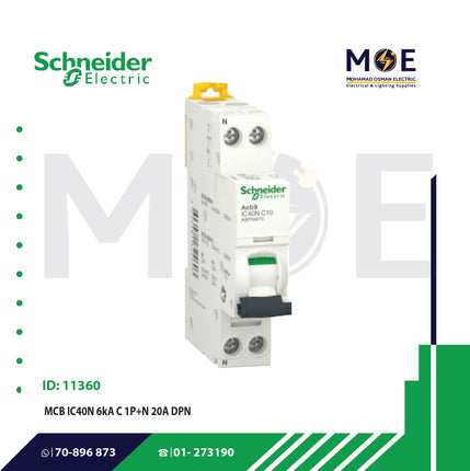 Schneider MCB IC40N 6kA C 1P+N 20A DPN | A9P54620 | دجنتور مجوز بقطبين وحيادي - قاطع كهربائي ثنائي القطب مع حيادي