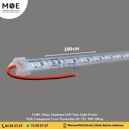 Mega Aluminum LED Tube Light Fixture With Transparent Cover Warmwhite DC 12V 30W 100cm | شاسي ليد رفيعة المنيوم غطا شفاف ورم وايت