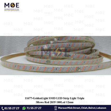 GoldenLight SMD LED Strip Light Triple 3Rows Red 2835 180Led 12mm | ستريب ليد تربل احمر