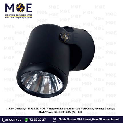 Goldenlight IP65 LED COB Waterproof Surface Adjustable Wall/Ceiling Mounted Spotlight Black Warmwhite 3000K 20W | WL 142 | سبوت ليد حائط/سقف ظاهر مطري متحرك اسود ورم وايت