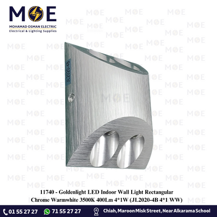 Goldenlight LED Indoor Wall Light Rectangular Chrome Warmwhite 3500K 400Lm 4*1W | JL2020-4B 4*1 WW | ابليك حائط ليد مستطيل كروم ورم وايت