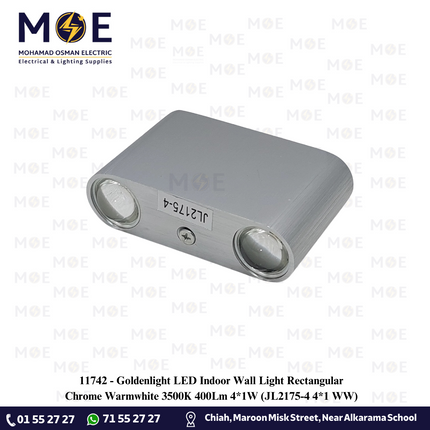 Goldenlight LED Indoor Wall Light Rectangular Chrome Warmwhite 3500K 400Lm 4*1W | JL2175-4 4*1 WW | ابليك حائط ليد مستطيل كروم ورم وايت