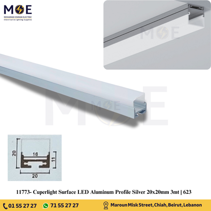 Cuperlight Surface LED Aluminum Profile Silver 20x20mm 3mt | 623 | بروفايل ليد المنيوم ظاهر