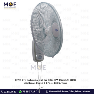 JTC Rechargeable Wall Fan with Remote Control & 4 Pieces LED & Timer White 40W 18inch | JF-1118R | مروحة حائط تشريج مع ضوء ليد خمس فراشات ابيض