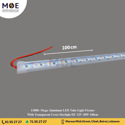 Mega Aluminum LED Tube Light Fixture With Transparent Cover Daylight DC 12V 30W 100cm | شاسي ليد رفيعة المنيوم غطا شفاف دايلايت