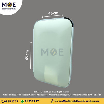 Goldenlight LED Panel Light Fixture White Surface With Remote Control Multicolored Warmwhite/Daylight/CoolWhite 65x43cm 50W | JL6543 | شاسي ليد ظاهر مستطيل مع ريموت كونترول ابيض ورم وايت/كول وايت/دايلايت