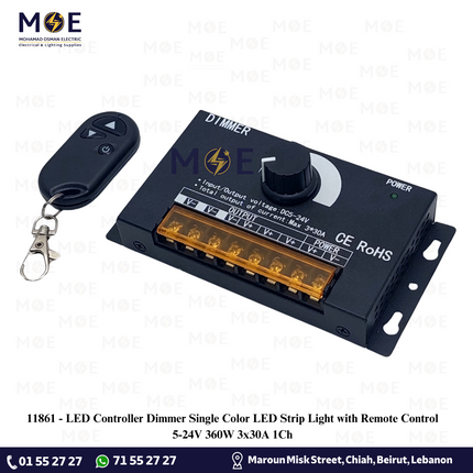 LED Controller Dimmer Single Color LED Strip Light with Remote Control 5-24V 360W 3x30A 1Ch | ديمر كونترول لستريب ليد لون واحدمخارج مع ريموت كونترول