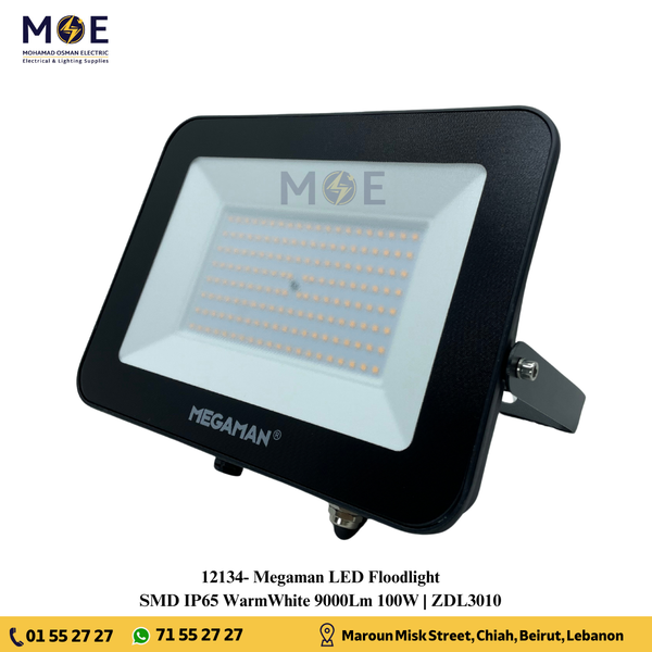 Megaman SMD LED Floodlight 100W WarmWhite 9000Lm IP65 | ZDL3010 | برجكتور ليد انارة اسود ورم وايت