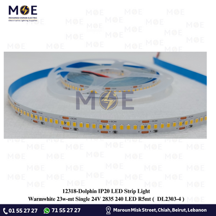 Dolphin IP20 LED Strip Light Single Warmwhite 23w/mt 24V 2835 240Led R5mt | DL2303-4 | بكرة ستريب ليد ورم وايت