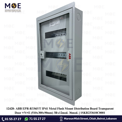 ABB EPR-R336F/T IP41 Metal Flush Mount Distribution Board Transparent Door +N+E (510x300x90mm) 3Rx12mod. 36mod. | 1SKR233610C0001 | تابلو حديد مخفي غطا شفاف