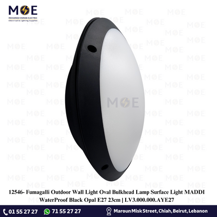 Fumagalli Outdoor Wall Light Oval Bulkhead Lamp Surface Light MADDI WaterProof Black Opal E27 23cm | LV3.000.000.AYE27 | ابليك حائط فارغ بيضاوي اسود مغشى