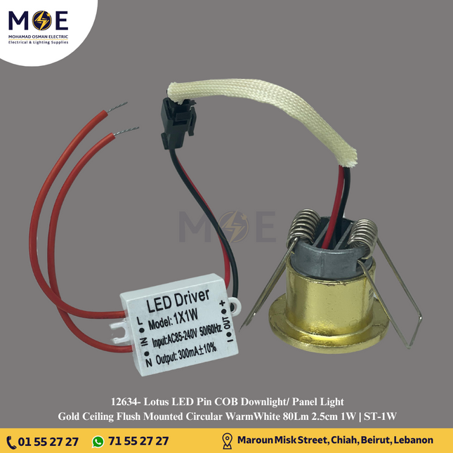 Lotus LED Pin COB Downlight/ Panel Light Gold Ceiling Flush Mounted Circular WarmWhite 80Lm 2.5cm 1W | ST-1W | سبوت بين ليد مدور مخفي ذهبي ورم وايت