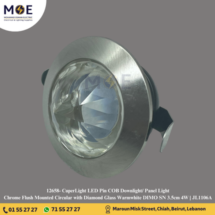 CuperLight LED Pin COB Downlight/ Panel Light Chrome Flush Mounted Circular with Diamond Glass Warmwhite DIMO SN 3.5cm 4W | JL1106A | سبوت بين ليد الماسة مدور مخفي كروم ورم وايت