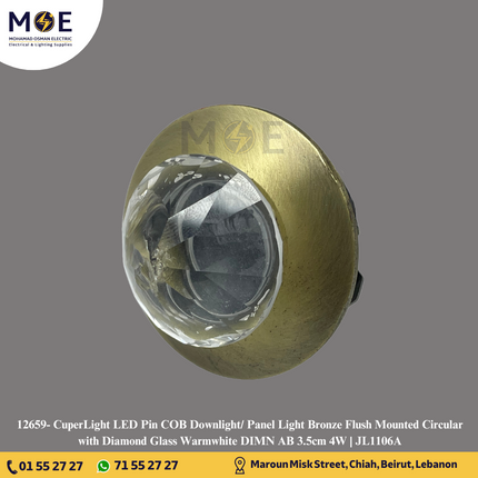 CuperLight LED Pin COB Downlight/ Panel Light Bronze Flush Mounted Circular with Diamond Glass Warmwhite DIMN AB 3.5cm 4W | JL1106A | سبوت بين ليد الماسة مدور مخفي برونز ورم وايت