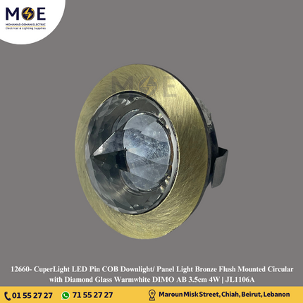 CuperLight LED Pin COB Downlight/ Panel Light Bronze Flush Mounted Circular with Diamond Glass Warmwhite DIMO AB 3.5cm 4W | JL1106A | سبوت بين ليد الماسة مدور مخفي برونز ورم وايت