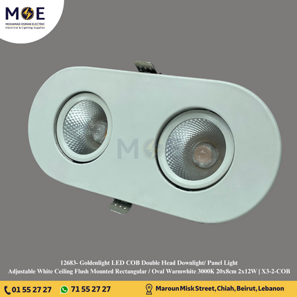 Goldenlight LED COB Double Head Downlight/ Panel Light Adjustable White Ceiling Flush Mounted Rectangular / Oval Warmwhite 3000K 20x8cm 2x12W | X3-2-COB | سبوت ليد مجوز مخفي مستطيل بيضاوي متحرك ورم وايت