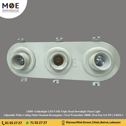 Goldenlight LED COB Triple Head Downlight/ Panel Light Adjustable White Ceiling Flush Mounted Rectangular / Oval Warmwhite 3000K 25x6.5cm 3x5.5W | X4010-3 | سبوت ليد متلت مخفي مستطيل بيضاوي متحرك شكل عيون ورم وايت