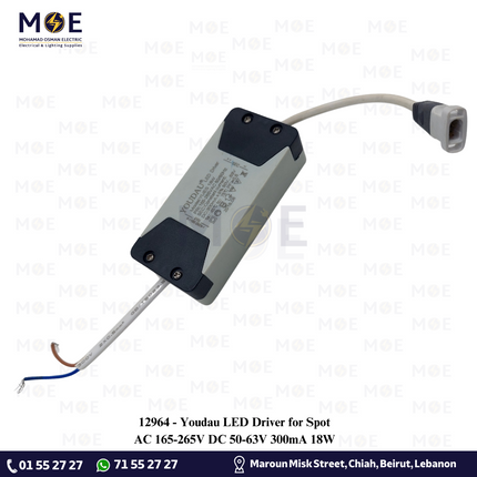 Youdau LED Driver for Spot AC 165-265V DC 50-63V 300mA 18W | ترانس ليد سبوت