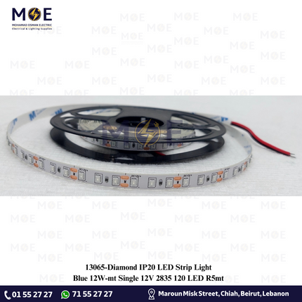 Diamond IP20 LED Strip Light Single Blue 12W/mt 12V 2835 120Led R5mt | بكرة ستريب ليد ازرق
