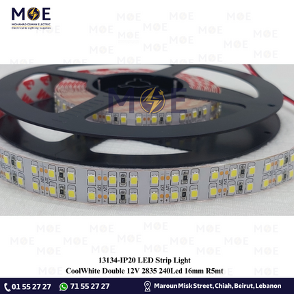 IP20 LED Strip Light CoolWhite Double 12V 2835 240Led 16mm R5mt | بكرة ستريب ليد دوبل كول وايت