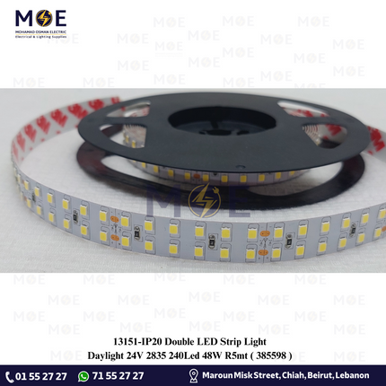 IP20 Double LED Strip Light Double Daylight 24V 2835 240Led 48W/mt R5mt | 385598 | بكرة ستريب ليد دوبل دايلايت