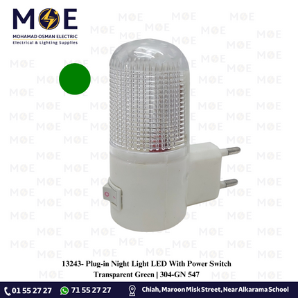 Plug-in Night Light LED With Power Switch Transparent Green | 304-GN 547 | نواصة بفيش ليد مع مفتاح شفاف اخضر