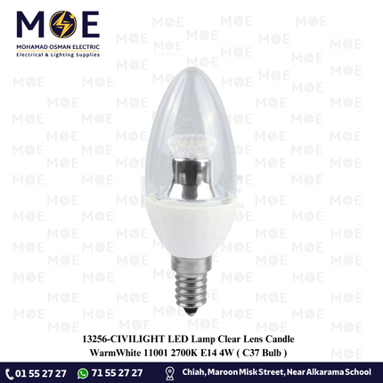 CIVILIGHT LED Lamp Clear Lens Candle WarmWhite 11001 2700K E14 4W | C37 Bulb | لمبة ليد برم سن رفيع لنس شمعة شفاف ورم وايت
