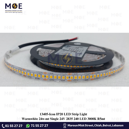 Icon IP20 LED Strip Light Single Warmwhite 24w/mt 24V 2835 240Led 3000K R5mt | بكرة ستريب ليد ورم وايت