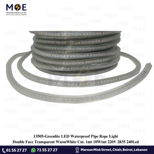 Greenlite LED Waterproof Pipe Rope Light Double Face Transparent WarmWhite Cut: 1mt 18W/mt 220V 2835 240Led | نبريش ليد دوبل فايس شفاف ورم وايت