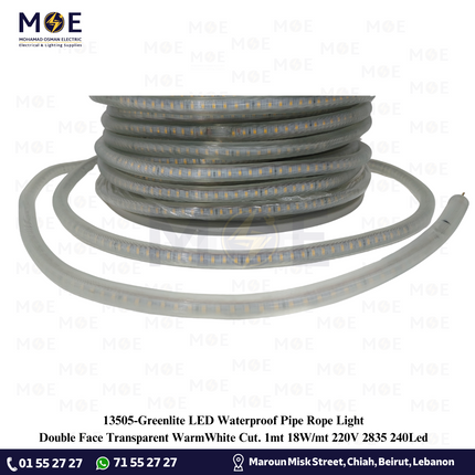 Greenlite LED Waterproof Pipe Rope Light Double Face Transparent WarmWhite Cut: 1mt 18W/mt 220V 2835 240Led | نبريش ليد دوبل فايس شفاف ورم وايت