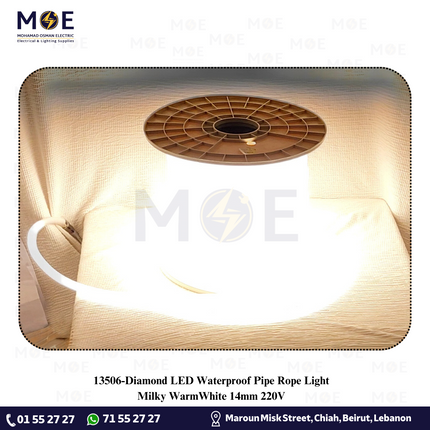 Diamond LED Waterproof Pipe Rope Light Milky WarmWhite 14mm 220V | نبريش ليد مبروم حليبي ورم وايت