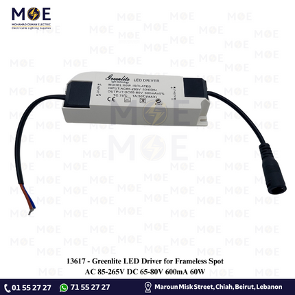 Greenlite LED Driver for Frameless Spot AC 85-265V DC 65-80V 600mA 60W | ترانس ليد سبوت بدون كادر