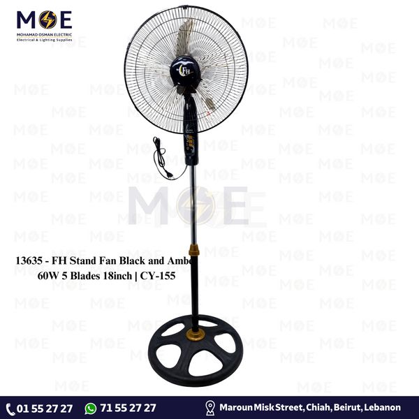 FH Stand Fan Black and Amber 60W 5 Blades 18inch | CY-155 | مروحة عامودفراشات زوبعة اسود