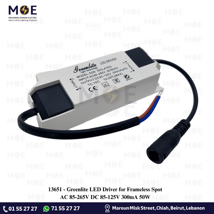 Greenlite LED Driver for Frameless Spot AC 85-265V DC 85-125V 300mA 50W | ترانس ليد سبوت بدون كادر