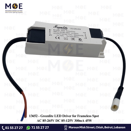 Greenlite LED Driver for Frameless Spot AC 85-265V DC 85-125V 300mA 45W | ترانس ليد سبوت بدون كادر