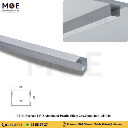 Surface LED Aluminum Profile Silver 24x20mm 2mt | JH028 | بروفايل ليد المنيوم ظاهر
